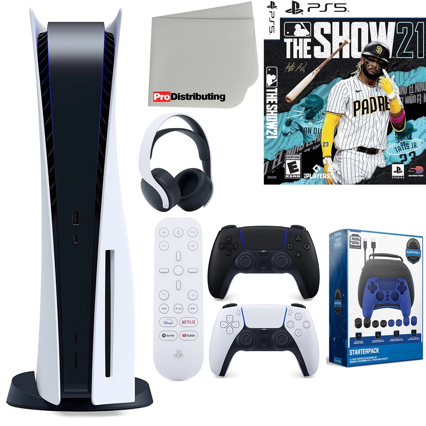 Sony playstation 5 disc version (sony ps5 disc) with midnight black extra controller, headset, media remote, mlb the show 21, accessory starter kit and microfiber cleaning cloth bundle