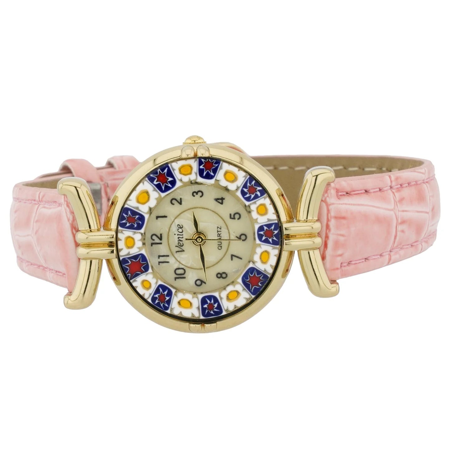 Glassofvenice murano glass millefiori watch with leather band - pink