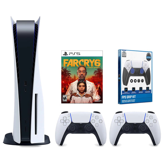 Sony playstation 5 disc version console with extra white controller, surge fps grip kit with precision aiming rings and far cry 6 bundle