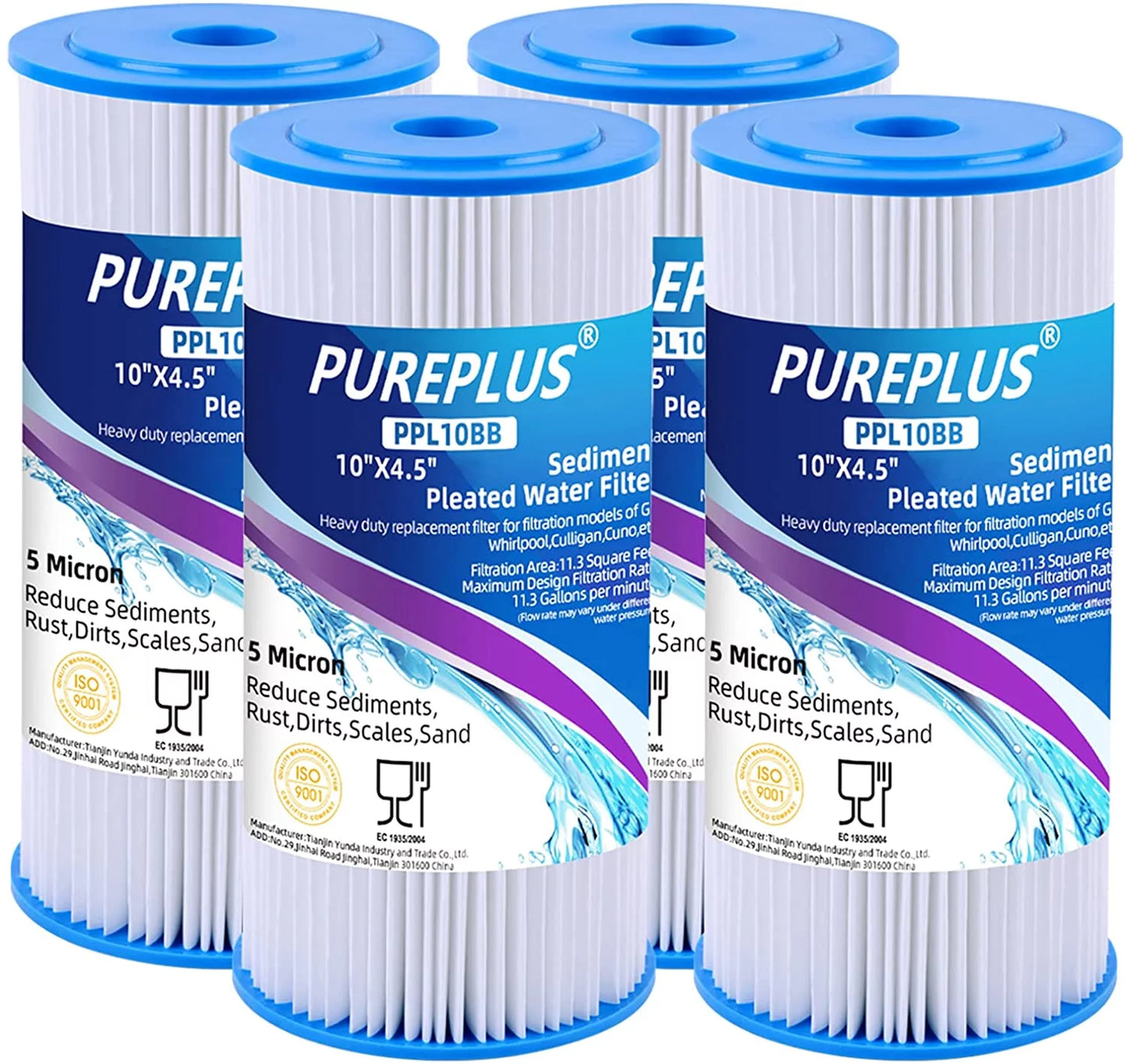 Pureplus 10" x 4.5" whole house pleated sediment filter for well water, replacement cartridge for ge fxhsc, culligan r50-bbsa, pentek r50-bb, dupont wfhdc3001, american plumber w50pehd, gxwh40l, 4pack