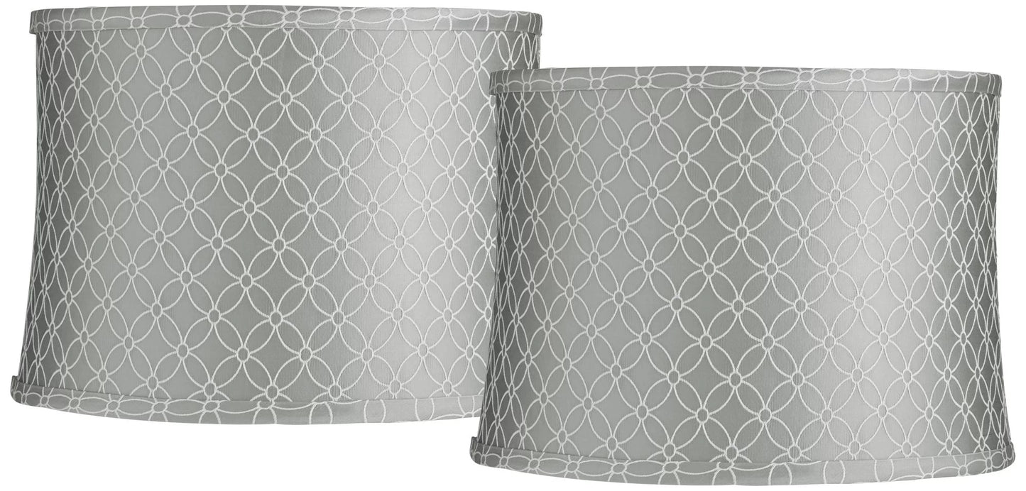 Springcrest set of 2 drum print lamp shades white gray medium 13" top x 14" bottom x 10" high spider with harp and finial fitting