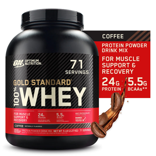 Optimum nutrition, gold standard 100% whey protein powder, coffee, 5 lb, 71 servings