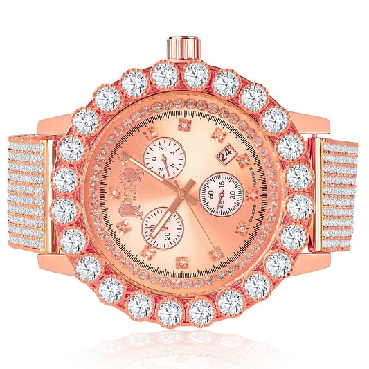 Exclusive custom time piece celebrity inspired lab diamonds rose gold tone iced out khronos jo rodeo watch w/date function