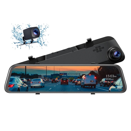 Toguard 2.5k mirror dash cam with voice control gps, 12" wireless rear view mirror with night vision waterproof backup camera, front and rear dash cam w/anti-glare, touch screen, emergency lock, parki