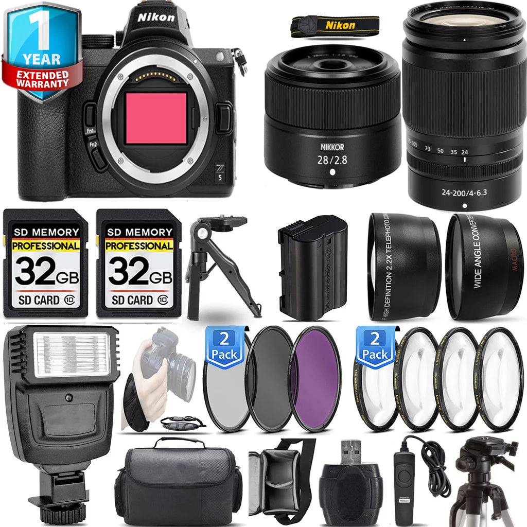 Nikon z5 mirrorless camera with 24-200mm f/4-6.3 vr lens + 28mm f/2.8 lens + flash + 64gb kit