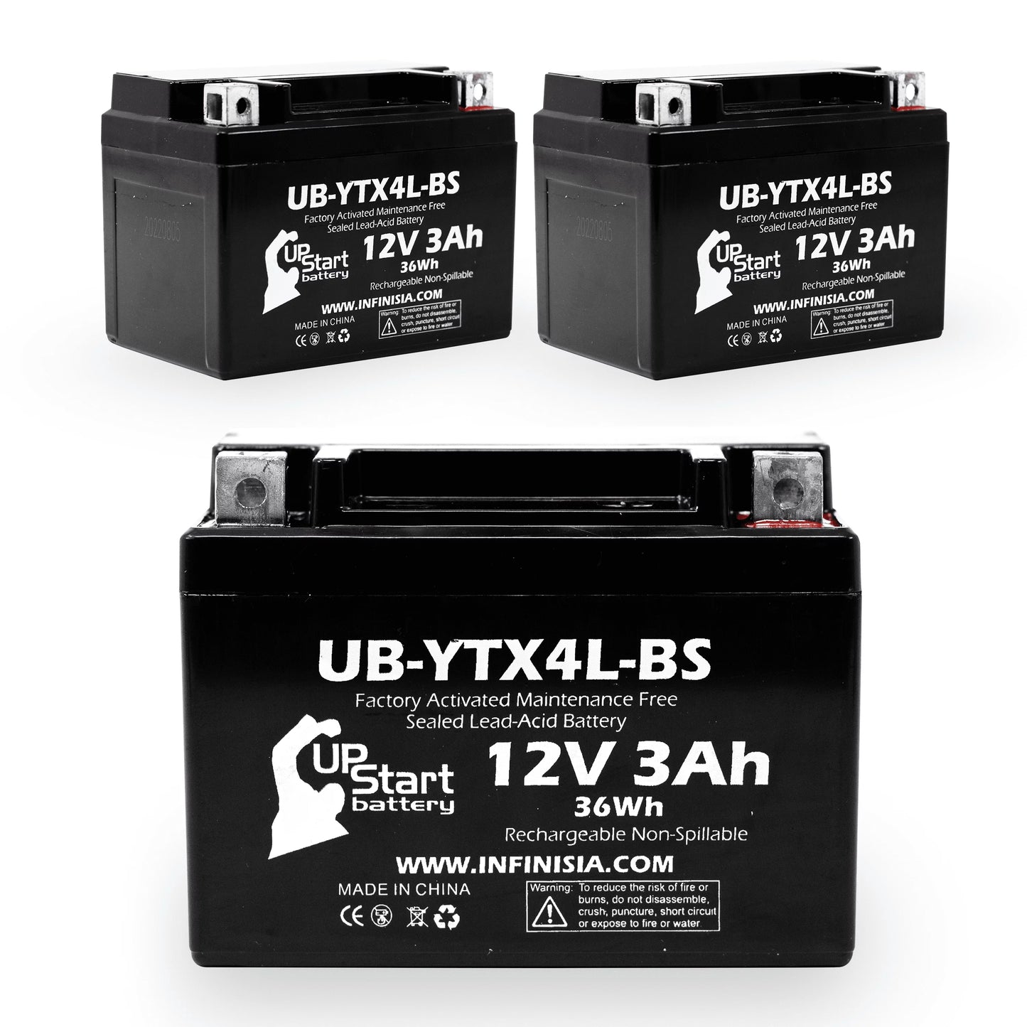 3-pack upstart battery replacement for 2002 bombardier (can-am) ds90, ds90f, quest 90cc factory activated, maintenance free, atv battery - 12v, 3ah, ub-ytx4l-bs