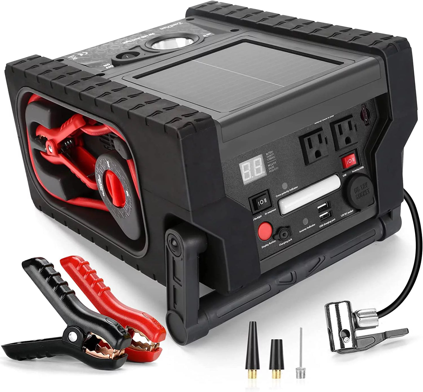 Zundian solar portable power station 2000 amps jump starter, 260 psi air compressor, 12v car battery charger with 400w inverter dual ac/dc/usb output, emergency backup power