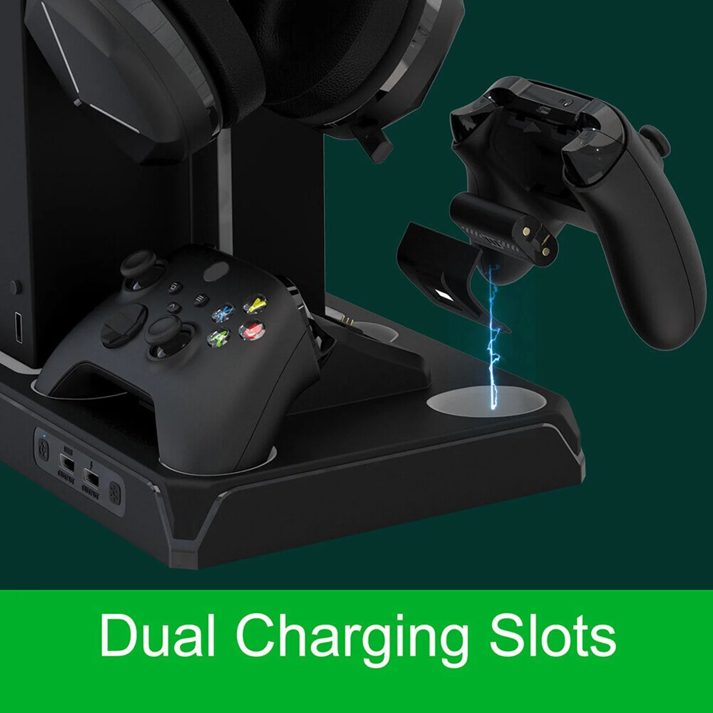 Vertical charging stand with cooling fan for xoriginal packaging series x/s, cooling station dock with 12 games storage organizer, dual controller charger station & headphone holder with 2 x 1400 mah battery packs