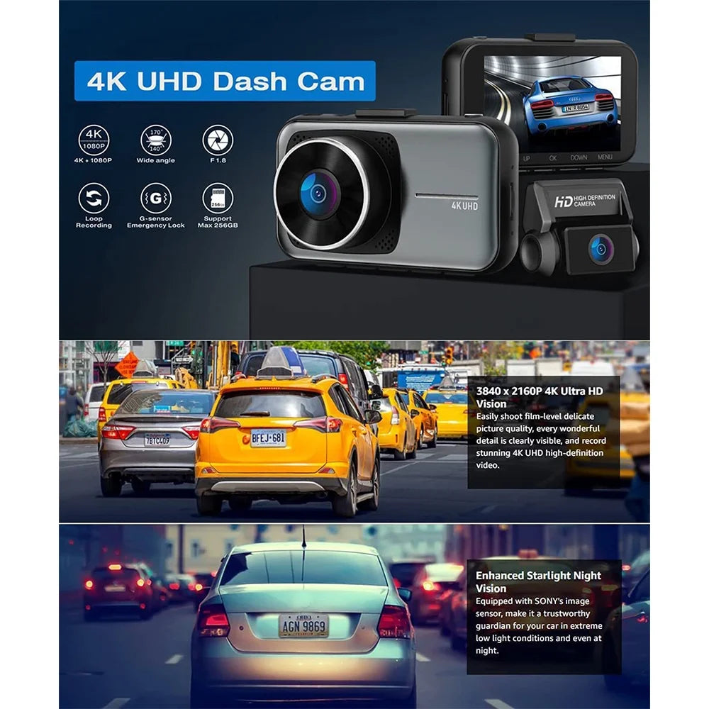 Onemayship 3 channel dual dash cam front rear 4k/2.5k+1080p 3.16" full hd   night vision wide angle wdr 24h parking mode support 256gb max