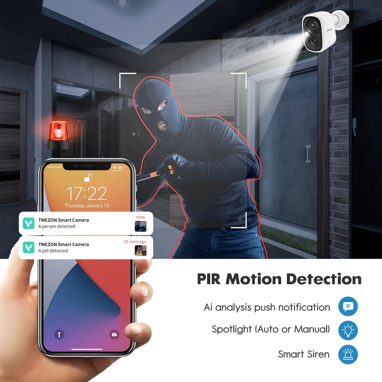 Tmezon wireless security camera outdoor wifi battery rechargeable powered 2k camera for home surveillance night vision with ai motion detection, 2 way audio, waterproof, sd/cloud