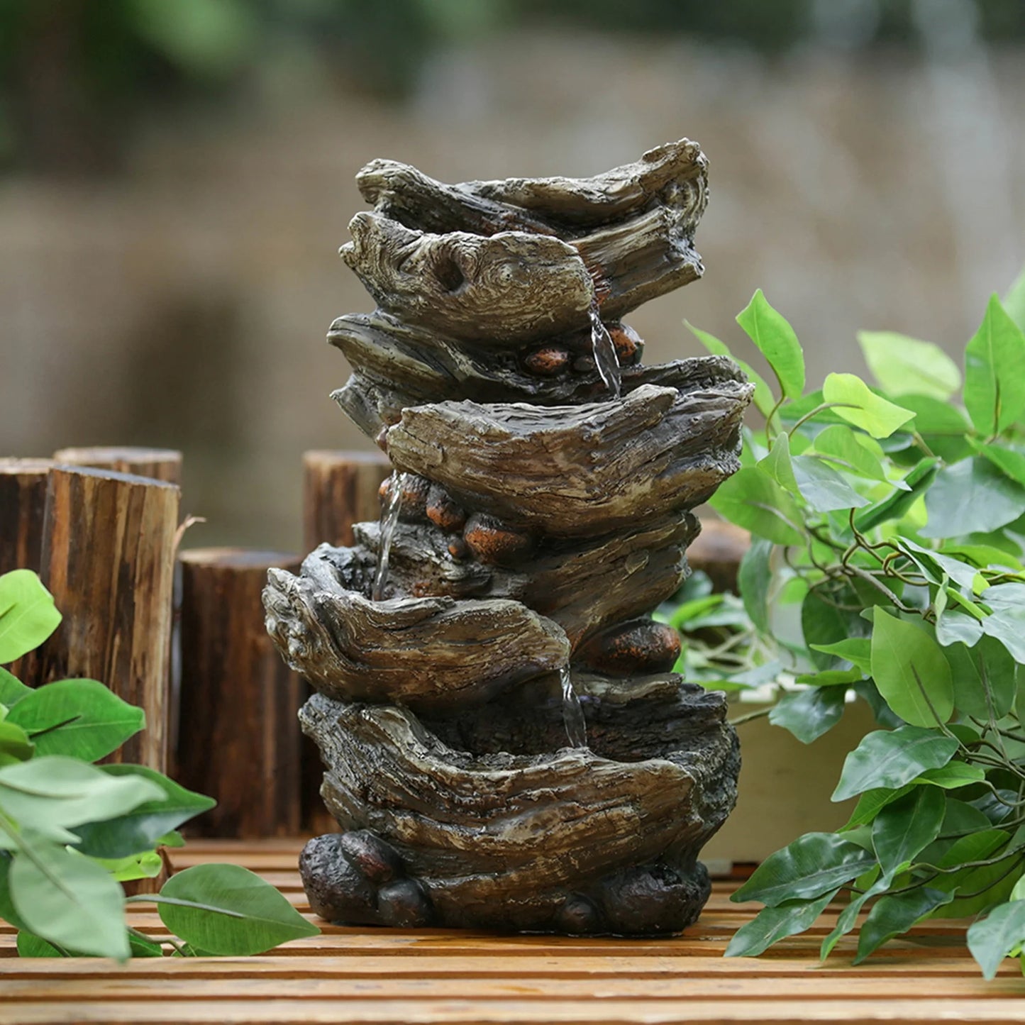 Wood-look 4-tier cascading tabletop fountain - 9x5x14 inches - enhance your space