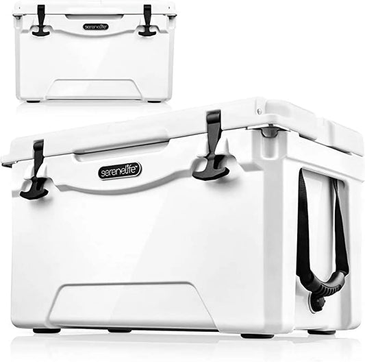 Serenelife 50 quart portable cooler box lightweight heavy-duty travel ice cooler w/ handles (white)