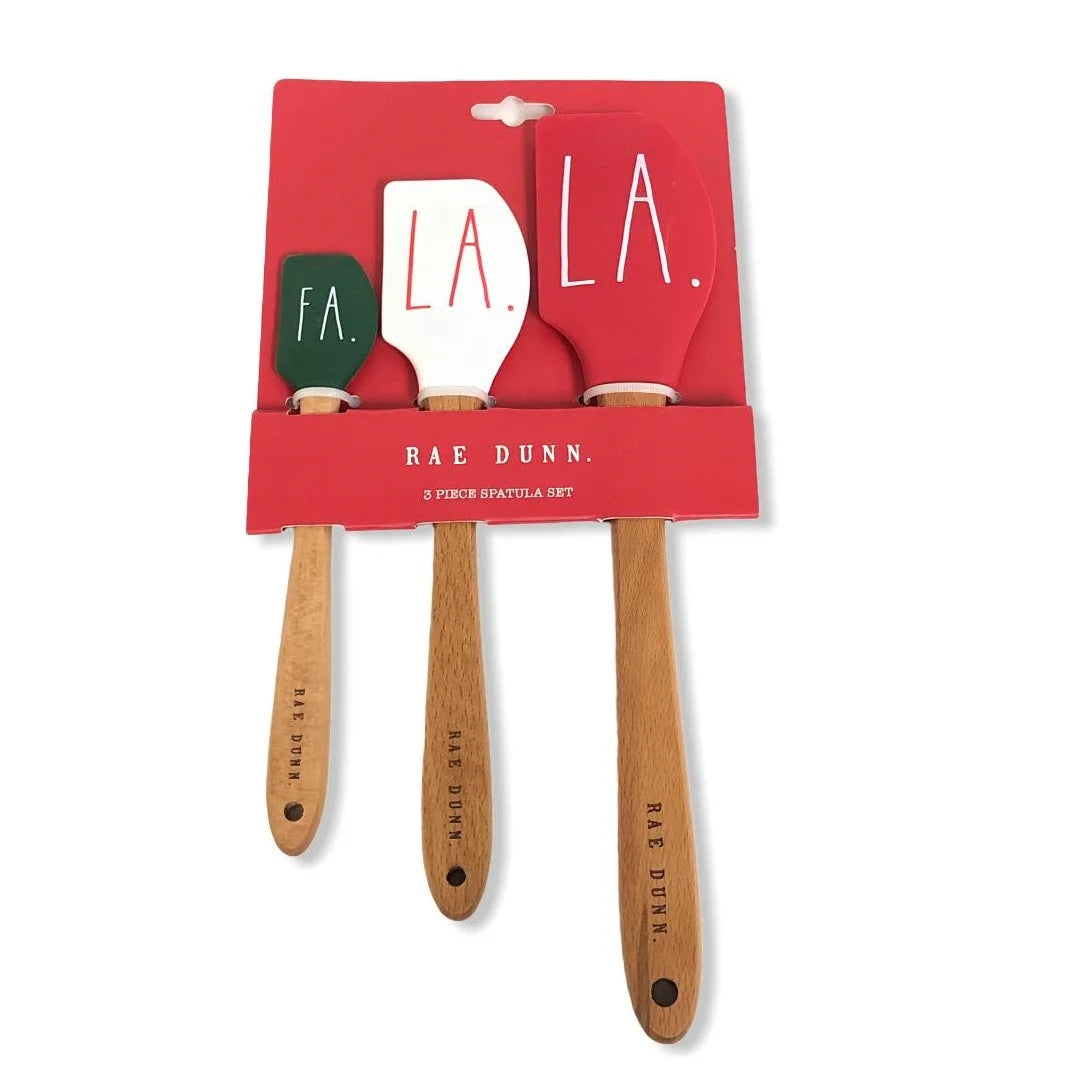 Rae dunn silicone spatula 3 pc. spatula set “fa. la. la.” ll letter with hard wood handles