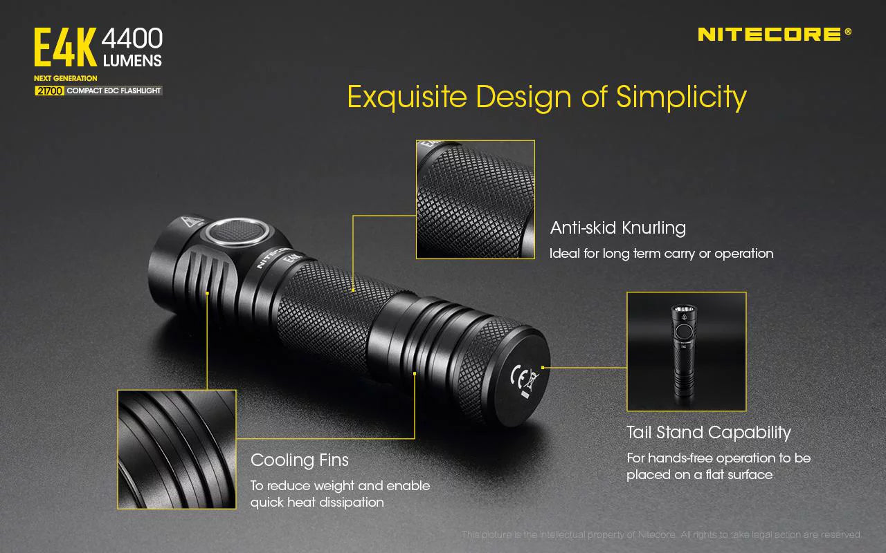 Combo: nitecore e4k flashlight -1x nitecore 21700 rechargeable li-ion battery included w/offset mount