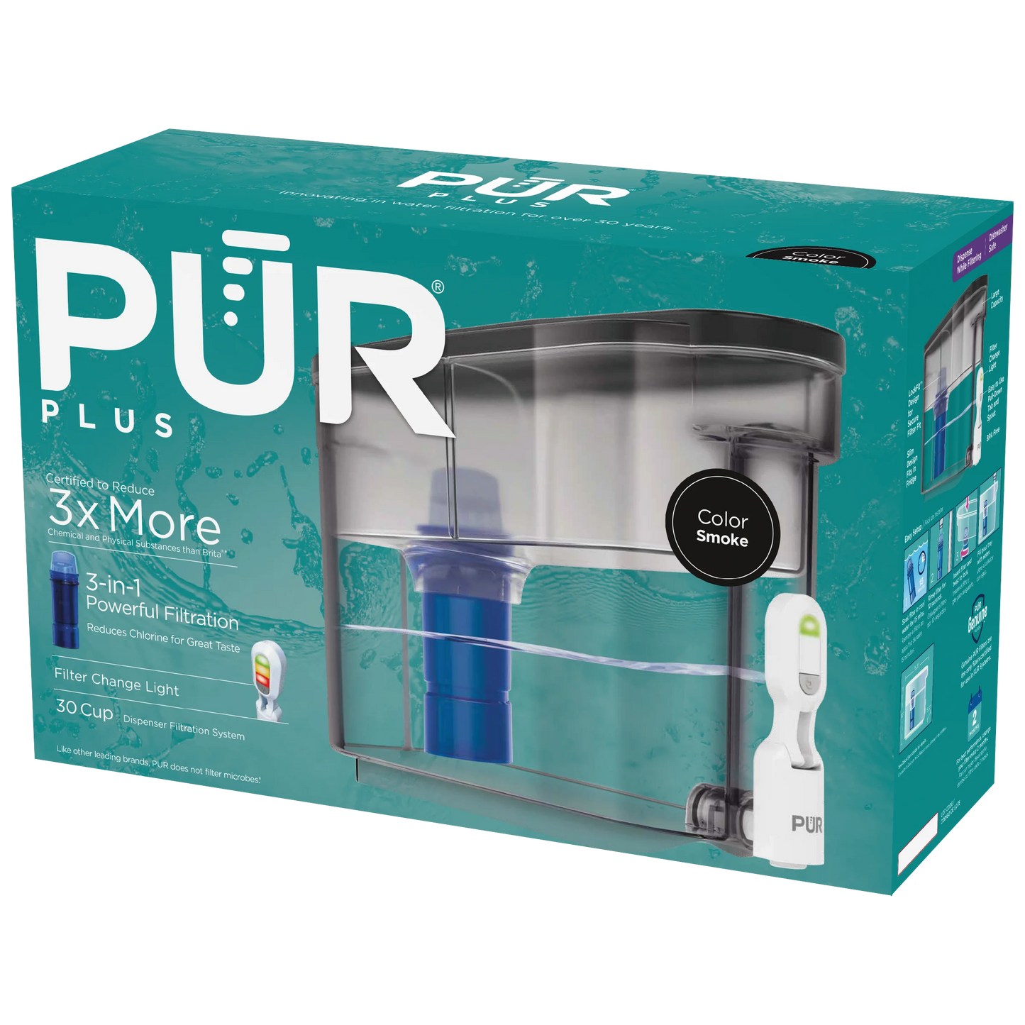 Pur plus 30-cup water filter dispenser system, w 15.3" x h 10.1" x l 5.3", smoke, ds1810ba