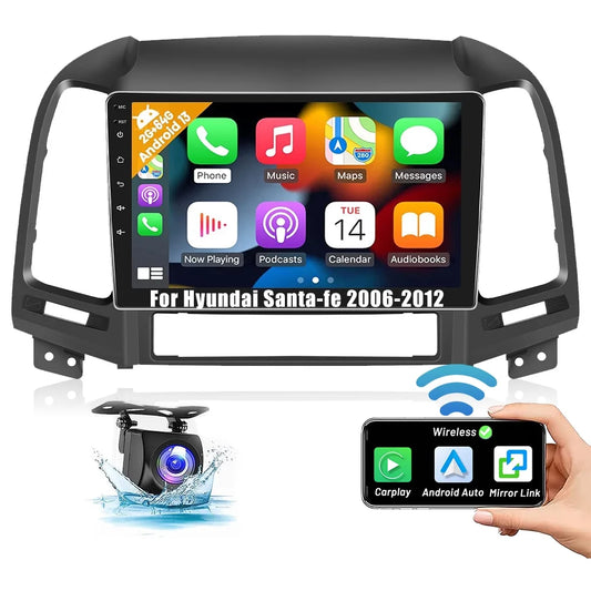 Podofo 2+64g for hyundai santa-fe 2006-2012 9'' car stereo radio wireless carplay android auto mirror link android 13 wifi gps fm bluetooth usb hifi,ahd backup camera