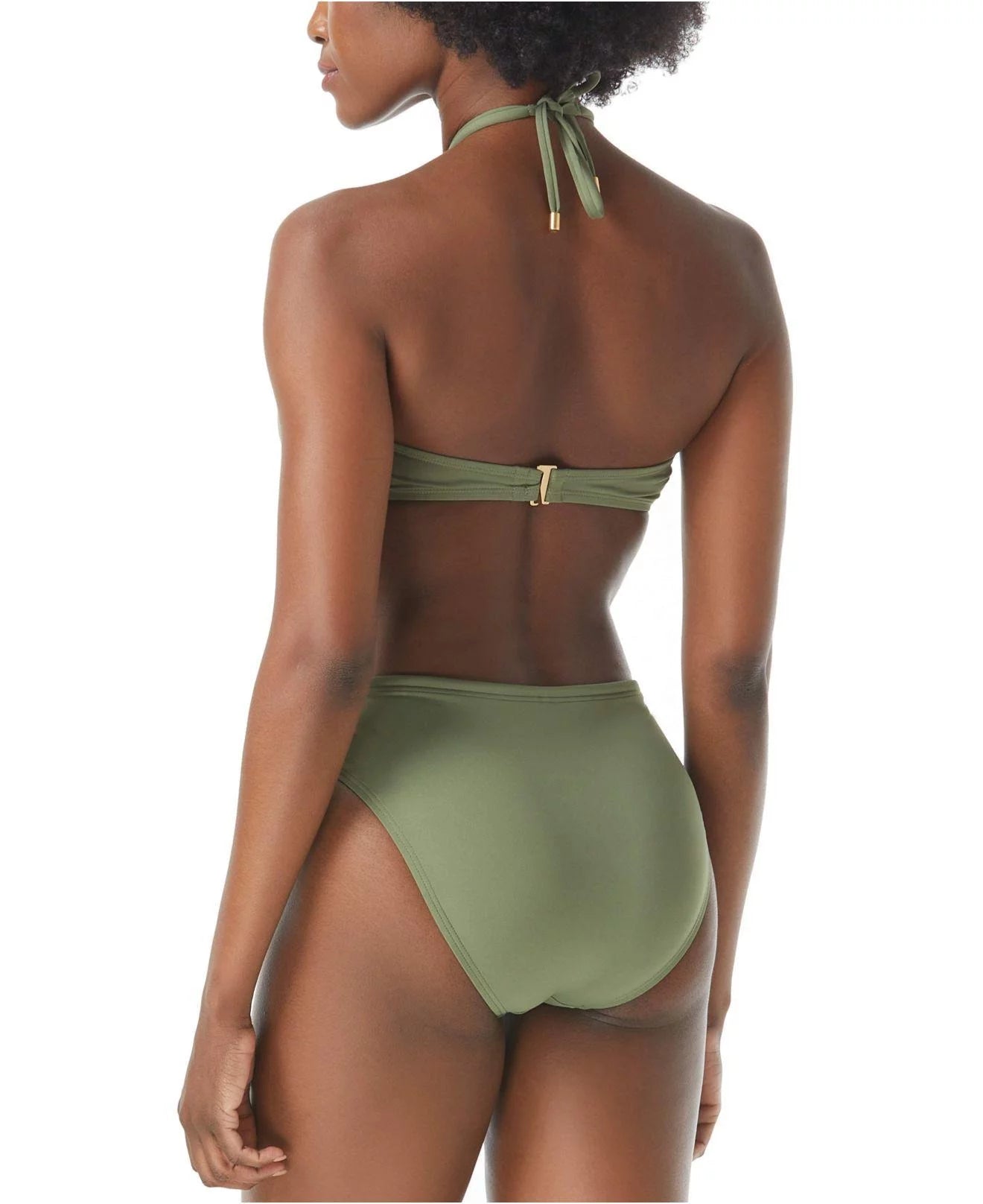 Vince camuto safari green logo-ring cutout halter bikini swim top, us medium