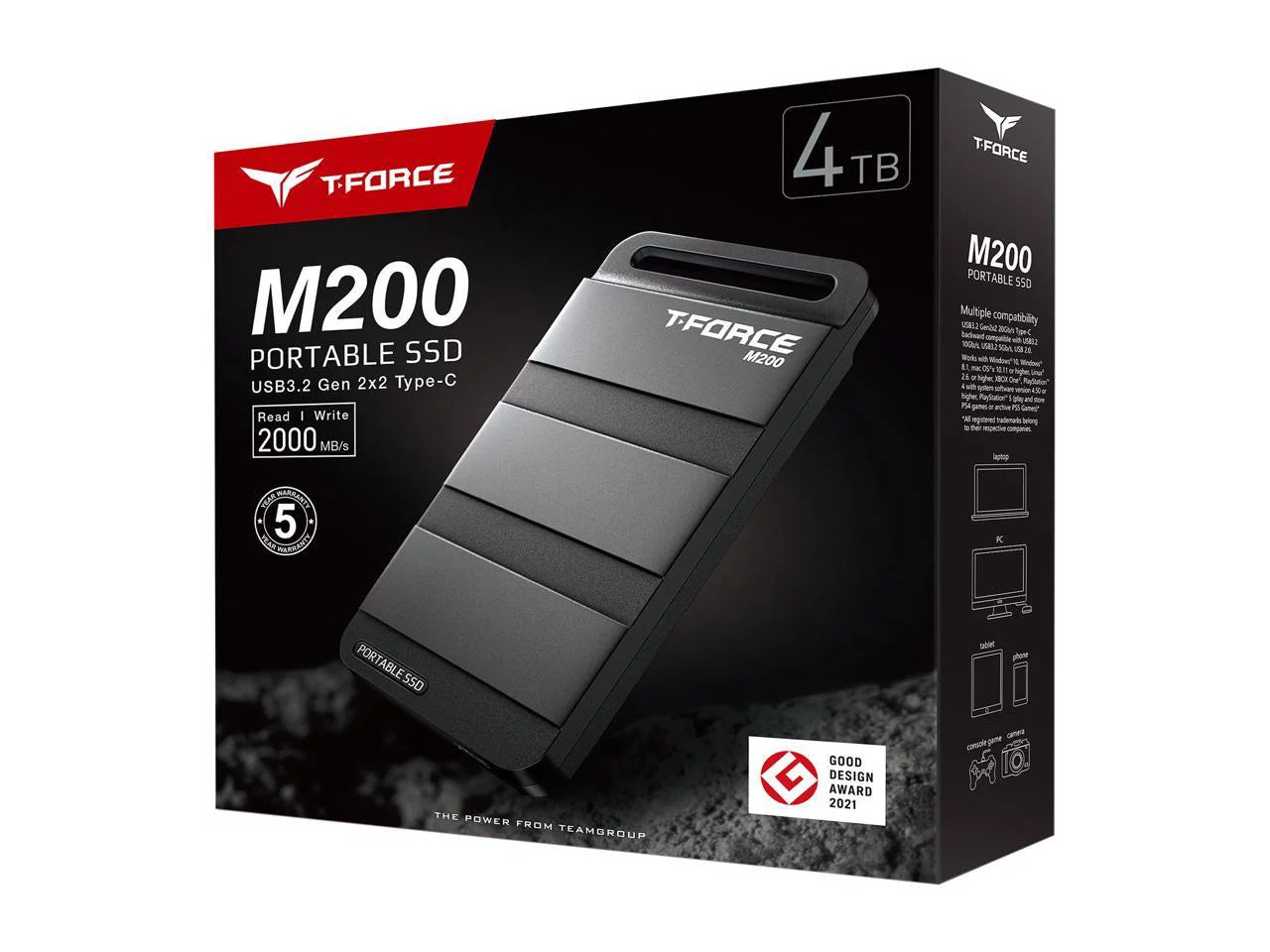 Team group t-force m200 4tb portable ssd usb3.2 gen 2x2 type-c, read/write 2000mb/s compatible with ps5 & xoriginal packaging & chrome os (t8fed9500g0c102)