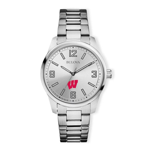 Wisconsin badgers  bulova men`s corporate classic silver-tone bracelet watch