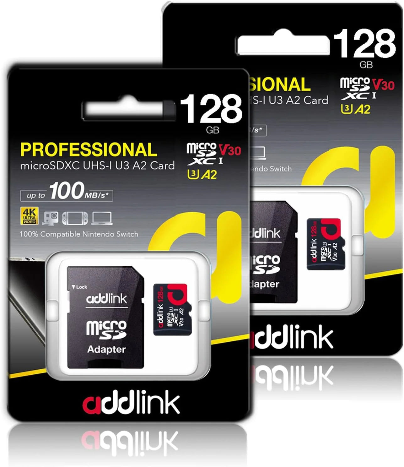 Addlink rosdxc 128gb 2-pack + adapter uhs-1 u4 v30, compatible for android smartphones, camera, dash cam tablets, go