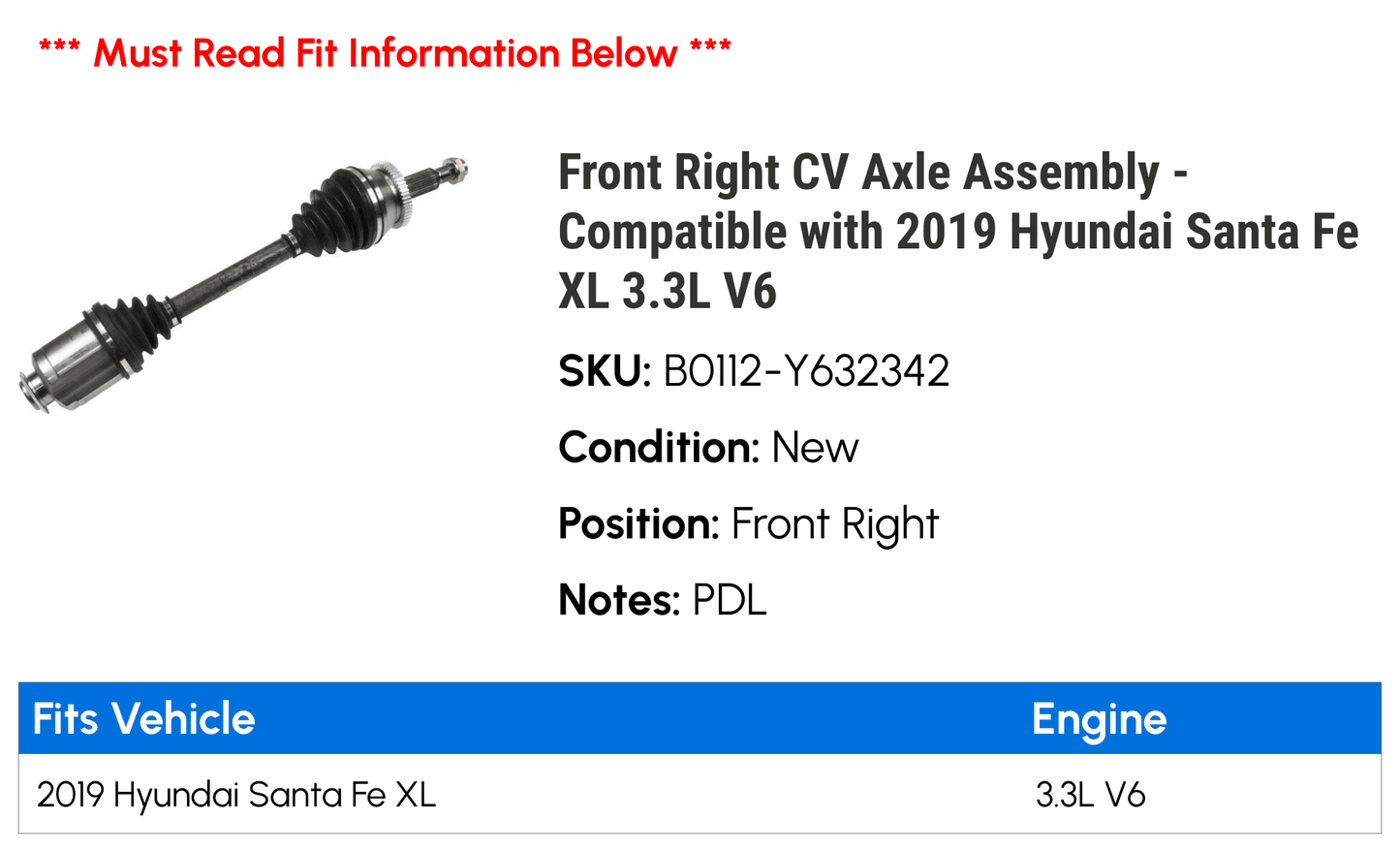 Front right cv axle assembly - compatible with 2019 hyundai santa fe xl 3.3l v6