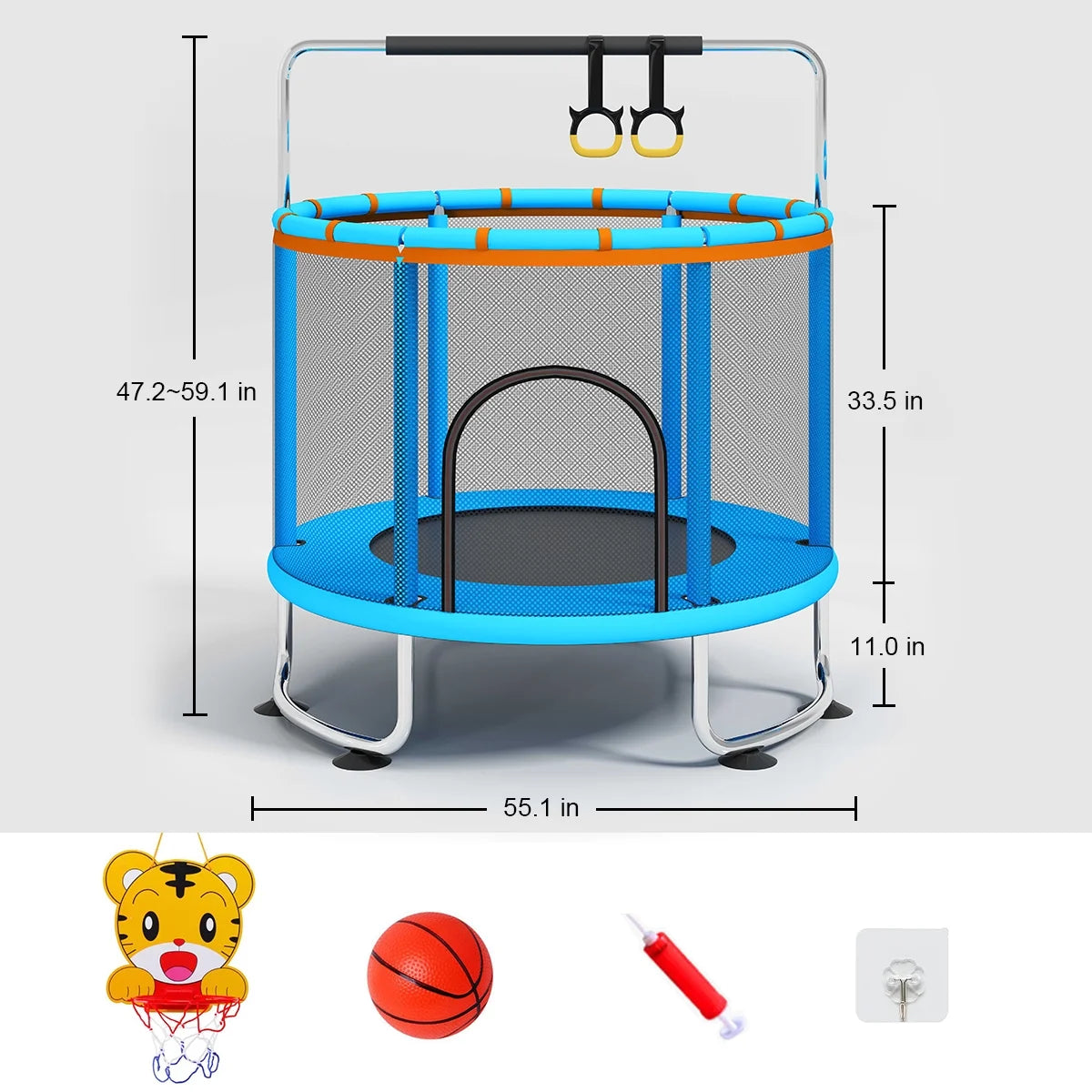 Fisca 55''mini trampoline for kids, toddler trampoline with basketball hoop, enclosure net and rings, indoor trampoline, 555lbs load