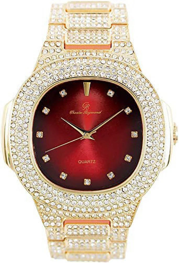 Bling'ed out king and queen hip hop watch set perfect for power couples to flaunt on and off the dance floor - st10325/st10364 his&hers (gld blood red)