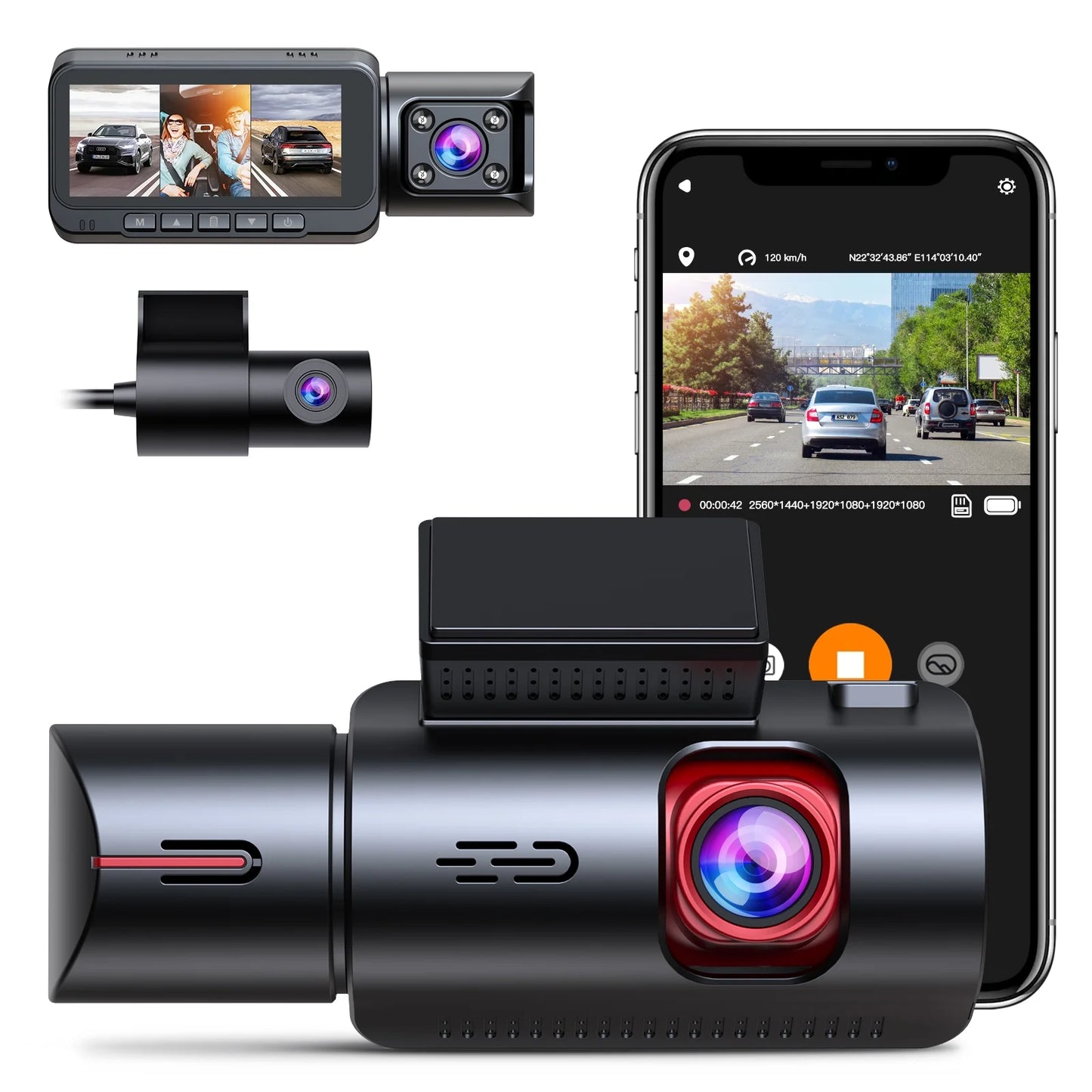 Wifi 3 channel dash cam 2k+1080p+1080p@30fps with gps speed, 4k dual dashcam front and inside, triple car dash camera with type c port, wdr, ir night vision, 170° wide angle, 24hr parking monitor