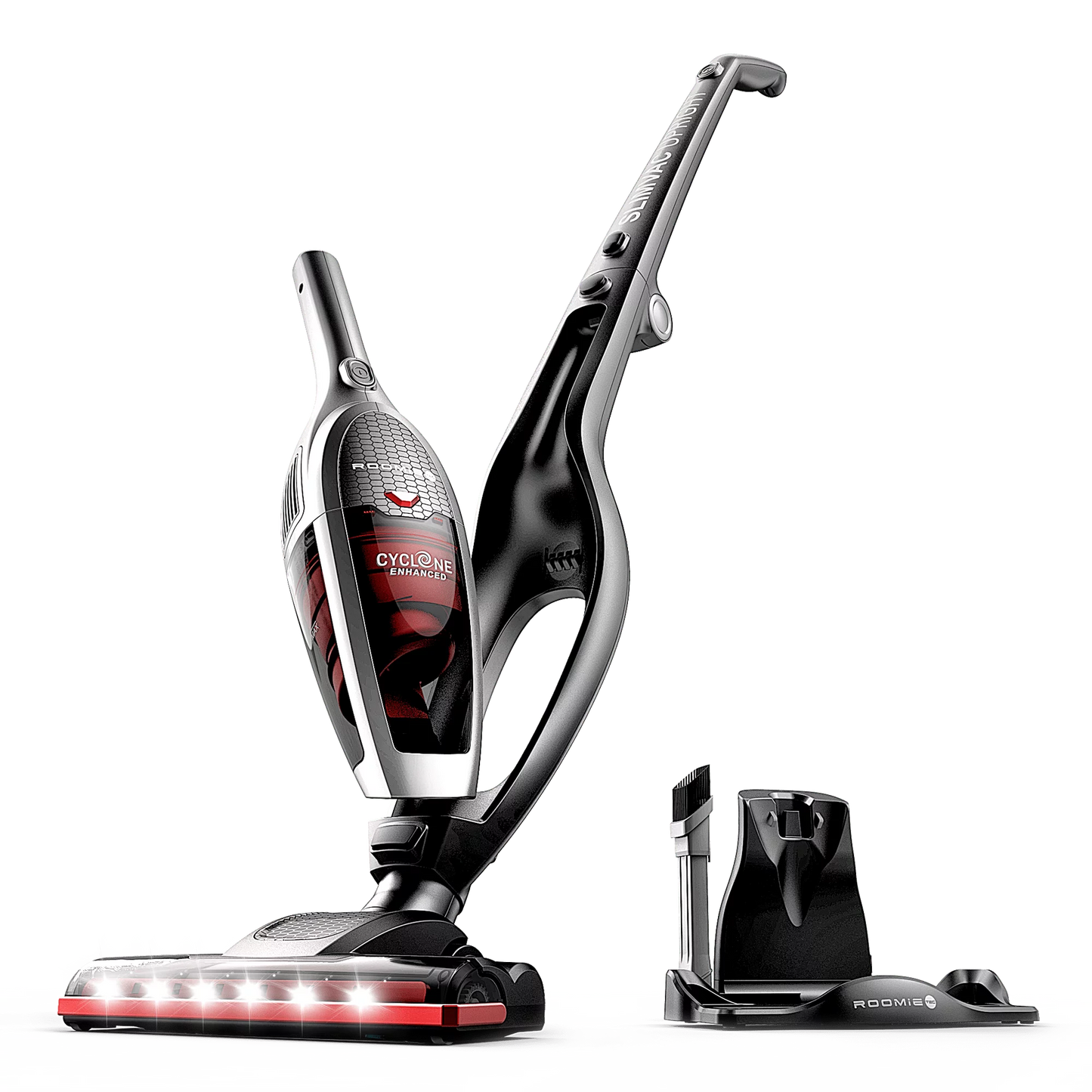 Roomie tec cordless vacuum cleaner, 2 in 1 handheld, high-power 2200mah li-ion rechargeable battery, with corner lighting and upright charging base