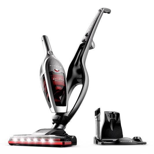 Roomie tec cordless vacuum cleaner, 2 in 1 handheld, high-power 2200mah li-ion rechargeable battery, with corner lighting and upright charging base