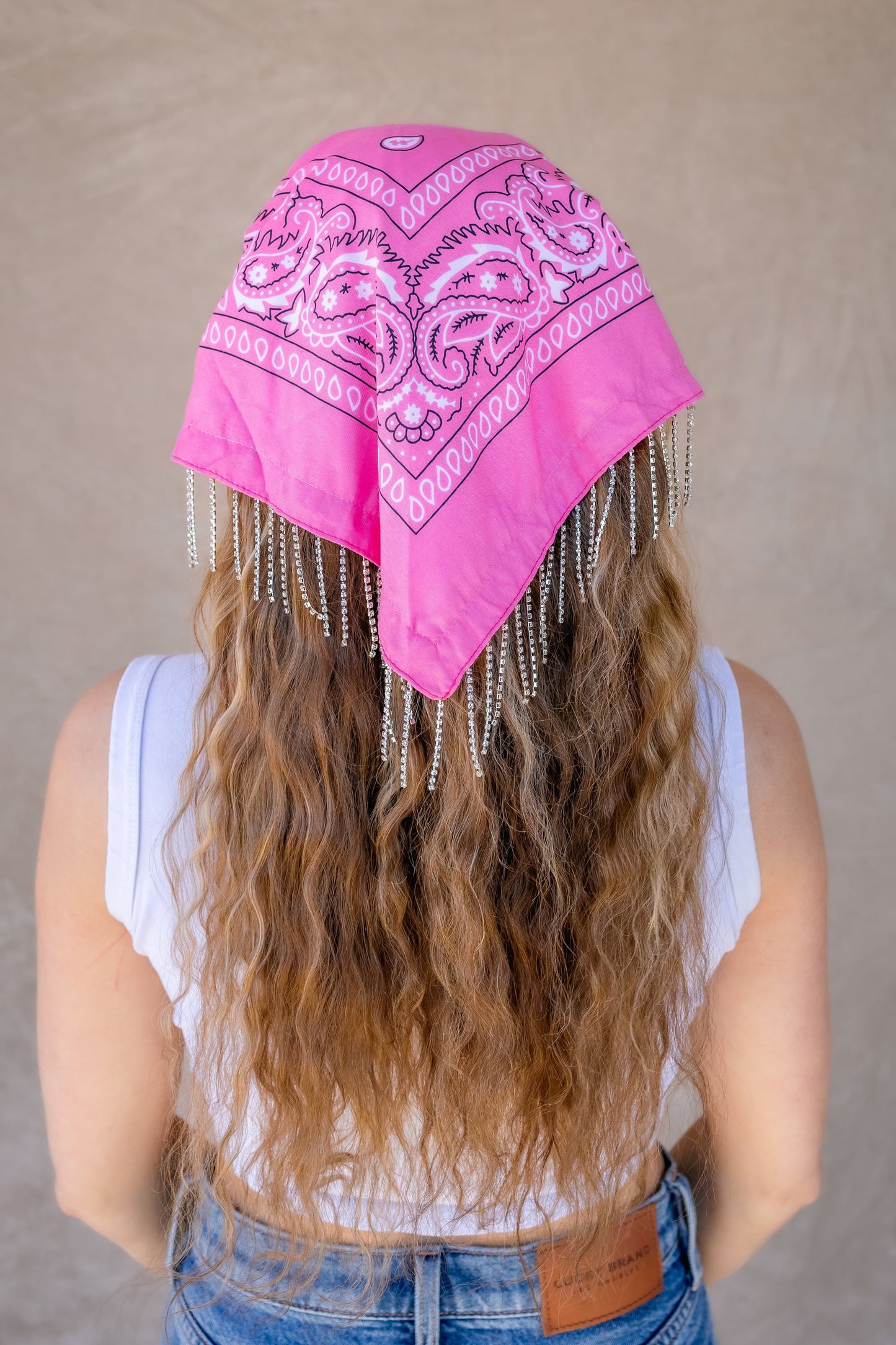 Bachelorette fringe bandana, 5pk with one white and four pink rhinestone bandanas