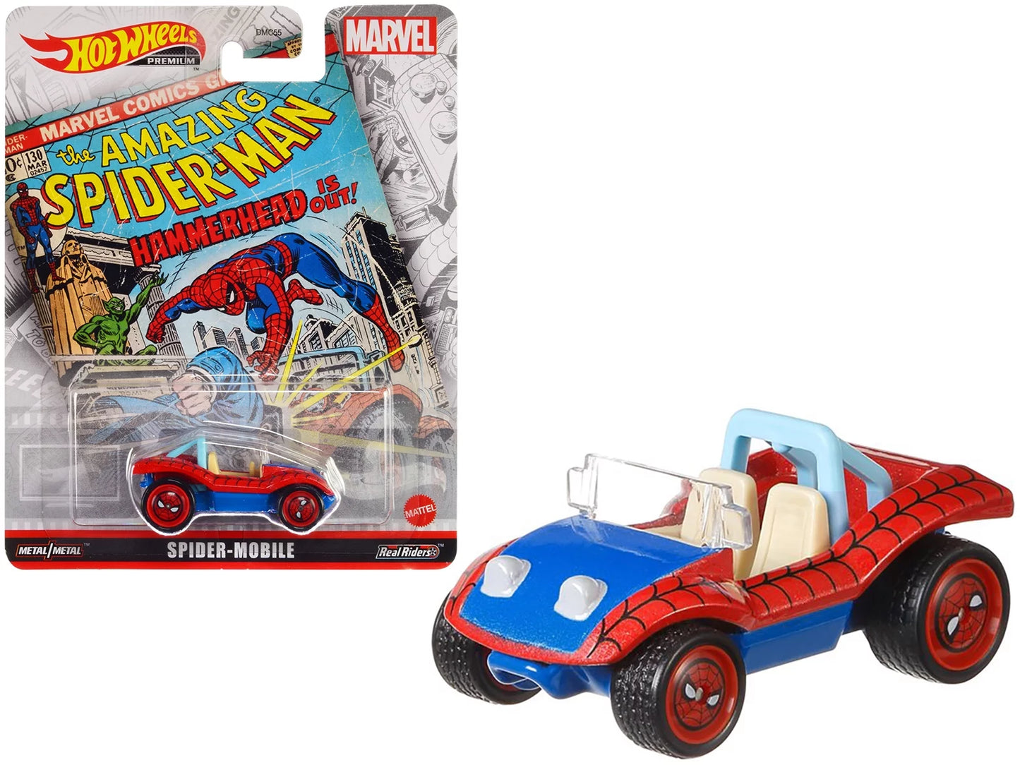 Spider mobile red and blue with graphics "the amazing spider-man" "marvel" diecast model car by hot wheels