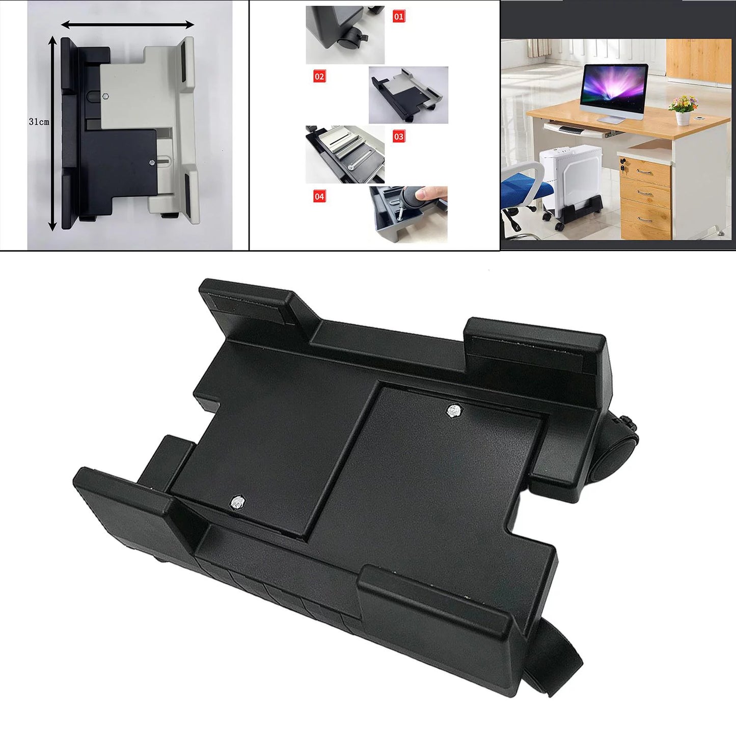 Cpu holder mobile computer stand ,rolls for premium fits most computer cases , felts pads on clamps black