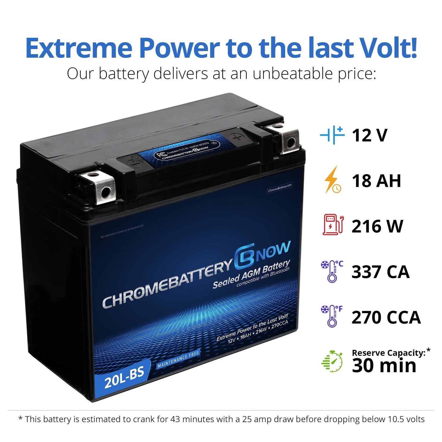 Chrome battery now ytx20l-bs (20l-bs 12 volt,18 ah,270 cca) intelligent wireless smartphone connectivity agm battery for personal watercraft - brp (sea-doo) 1500 gti, gtr, gts, gtx, rxt, rxp, wake years (2016-2018)