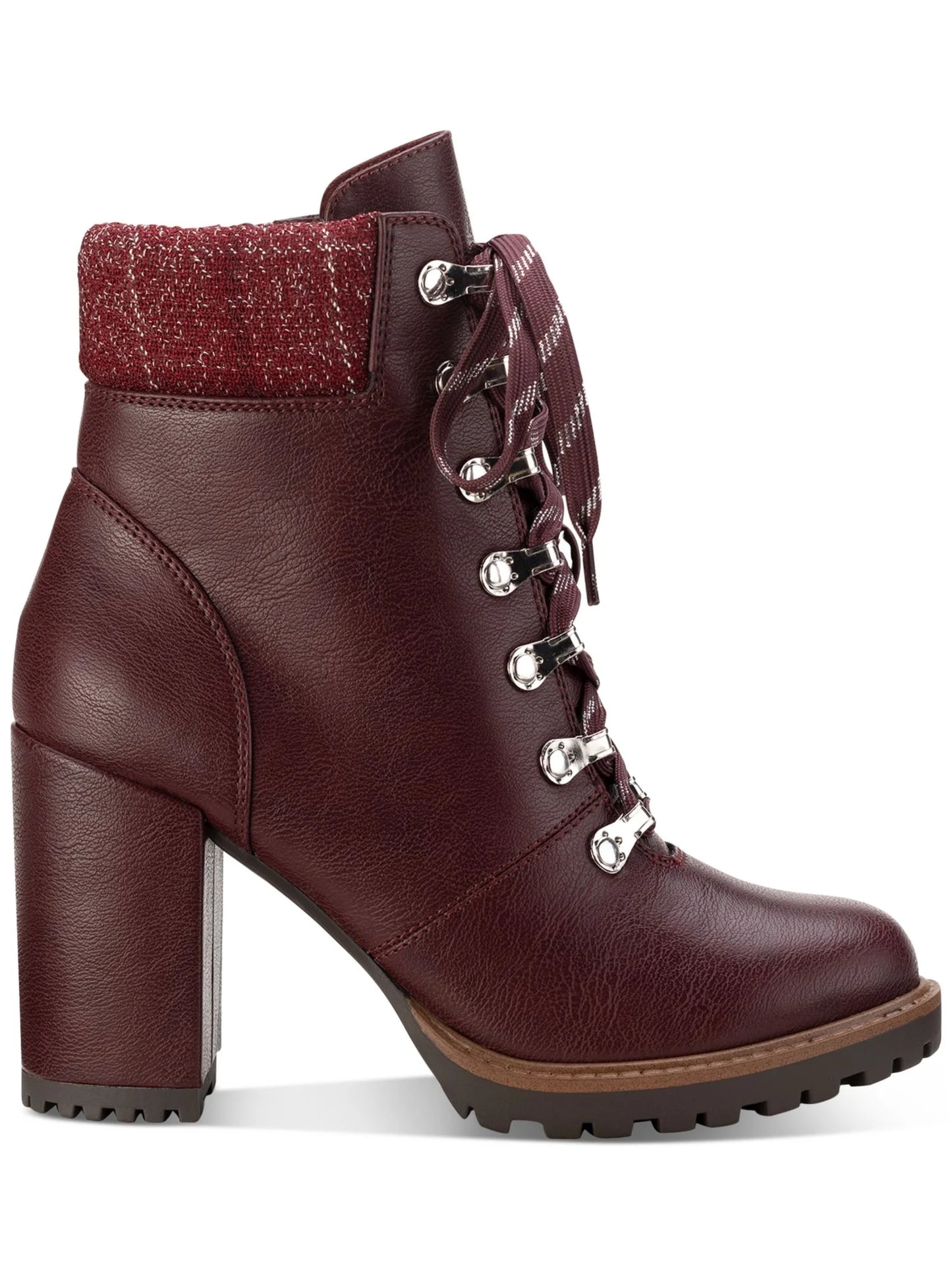 Sun stone womens burgundy lace up padded cuff cushioned lug sole octavia round toe block heel zip-up hiking boots 8 m