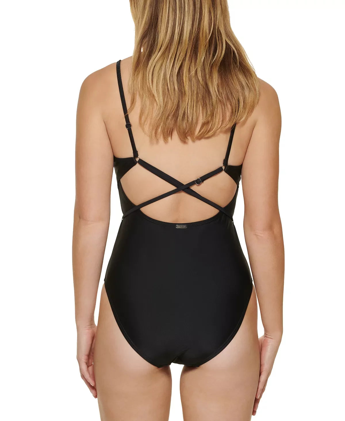 Calvin klein black over-the-shoulder wrap around one-piece swimsuit, us 6