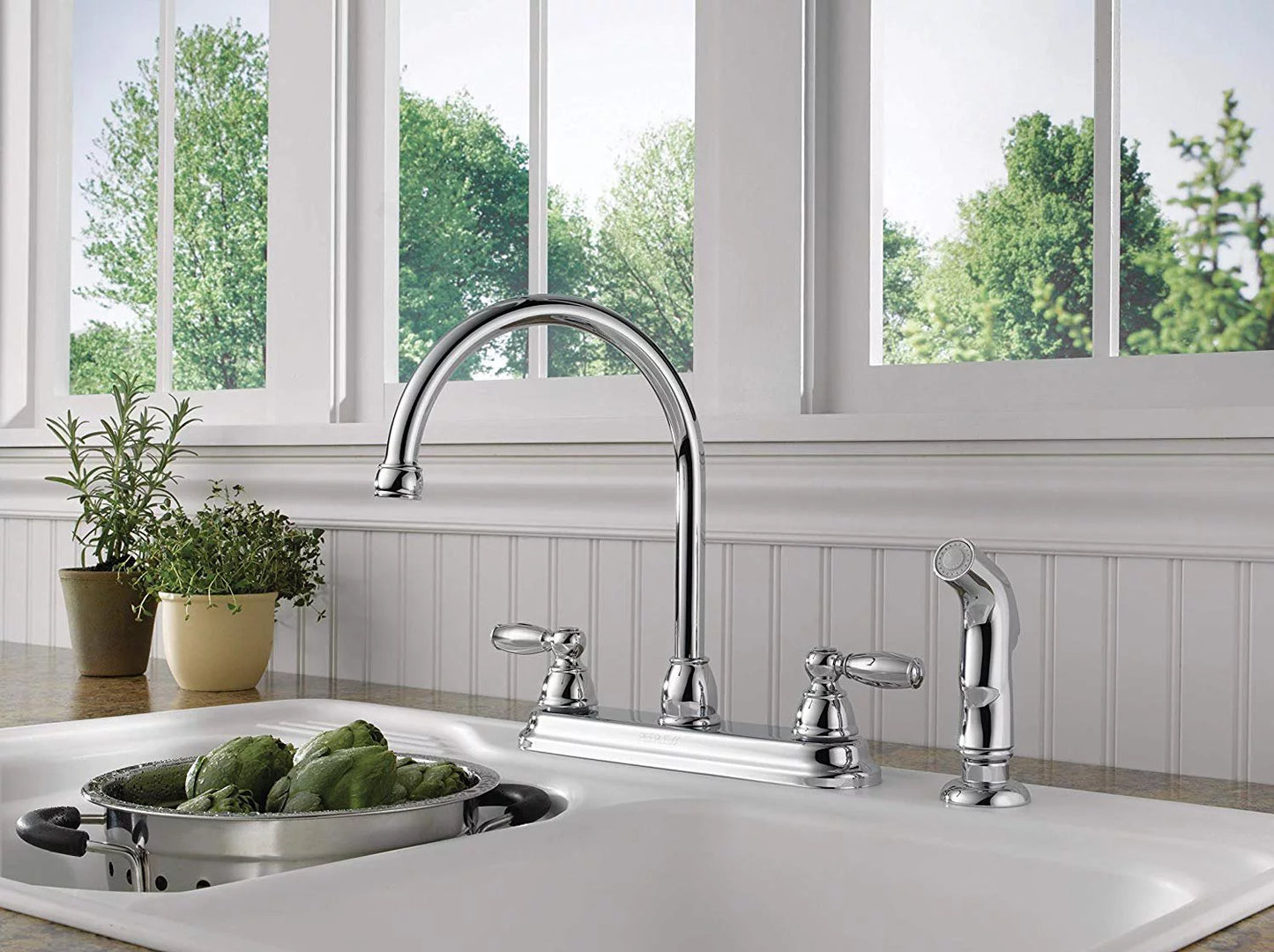 Peerless claymore 2-handle kitchen sink faucet with side sprayer, chrome p299575lf