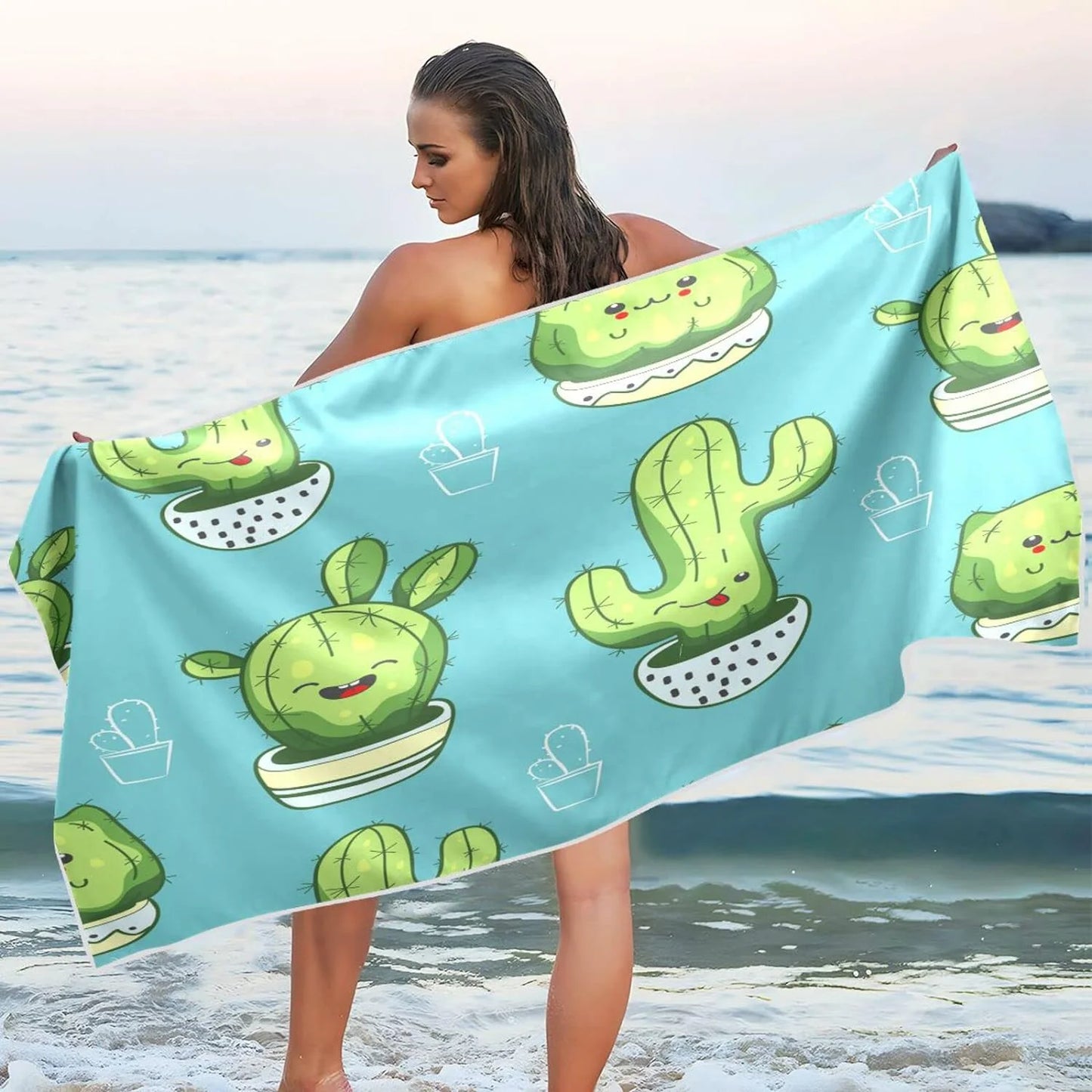 Bestwell cute kawaii cactus beach towel - lightweight compact oversized travel towels - super absorbent quick dry towel for swimming camping holiday（203）