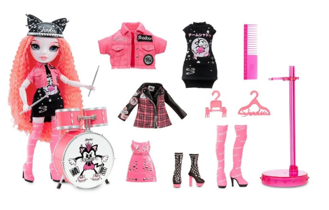 Rainbow vision shadow high neon shadow-mara pinkett (neon pink) fashion doll. 2 designer outfits mix & match rock band accessories playset, great gift for kids 6-12 years old & collectors