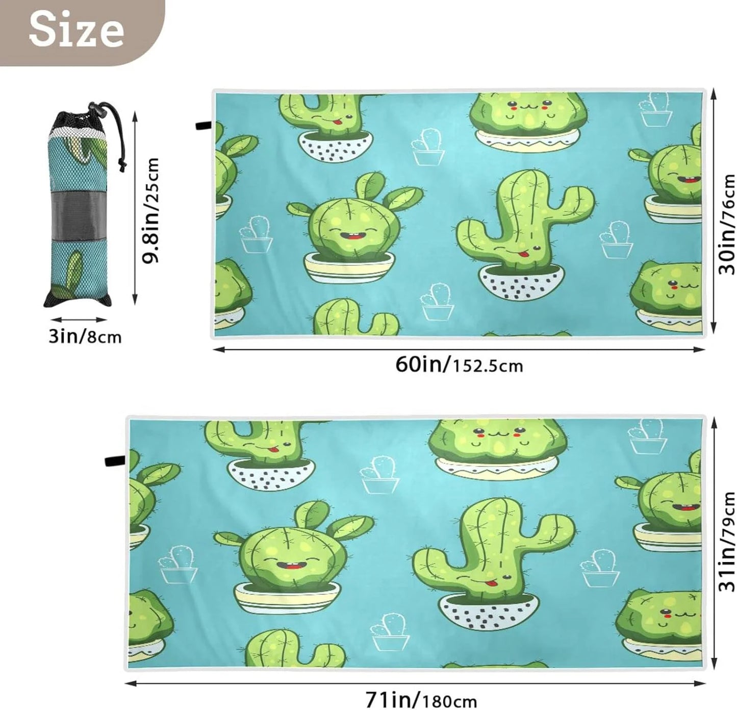 Bestwell cute kawaii cactus beach towel - lightweight compact oversized travel towels - super absorbent quick dry towel for swimming camping holiday（203）