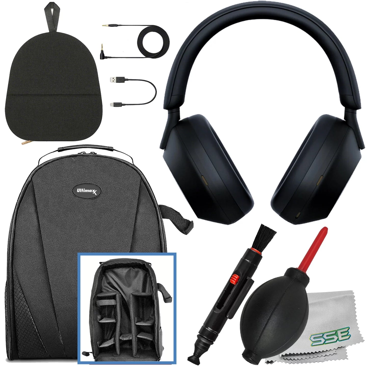 Ultimaxx essential sony wh-1000xm5 noise-canceling wireless over-ear headphones bundle (black) - includes: water-resistant gadget backpack & more (7pc bundle)