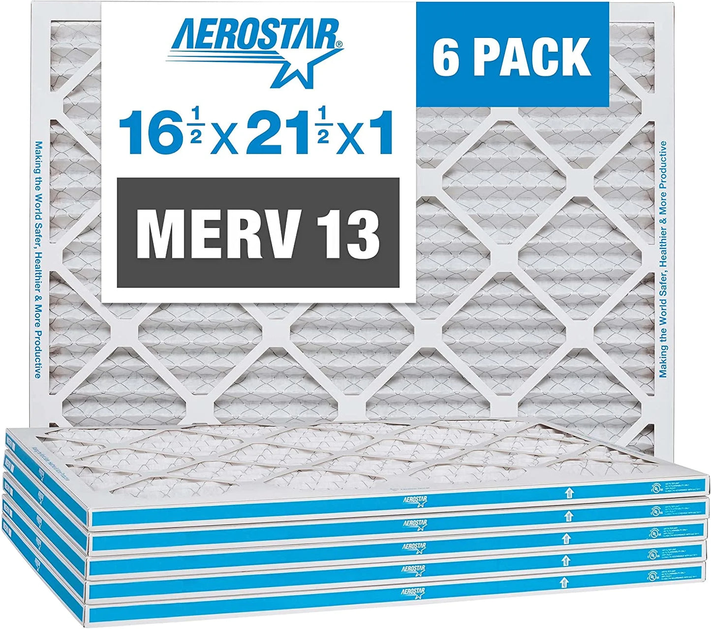 Aerostar 16 1/2x21 1/2x1 merv 13 pleated air filter, ac furnace air filter, 6-pack (actual size: 16 1/2" x 21 1/2" x 3/4")