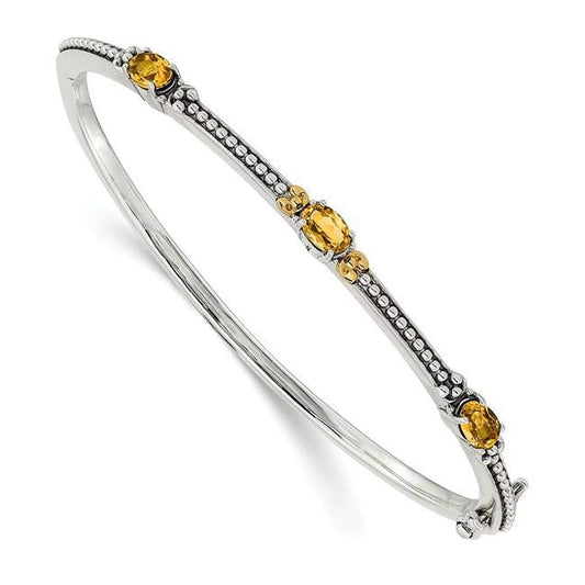 Shey couture sterling silver with 14k accent antiqued oval citrine hinged bangle qtc1449