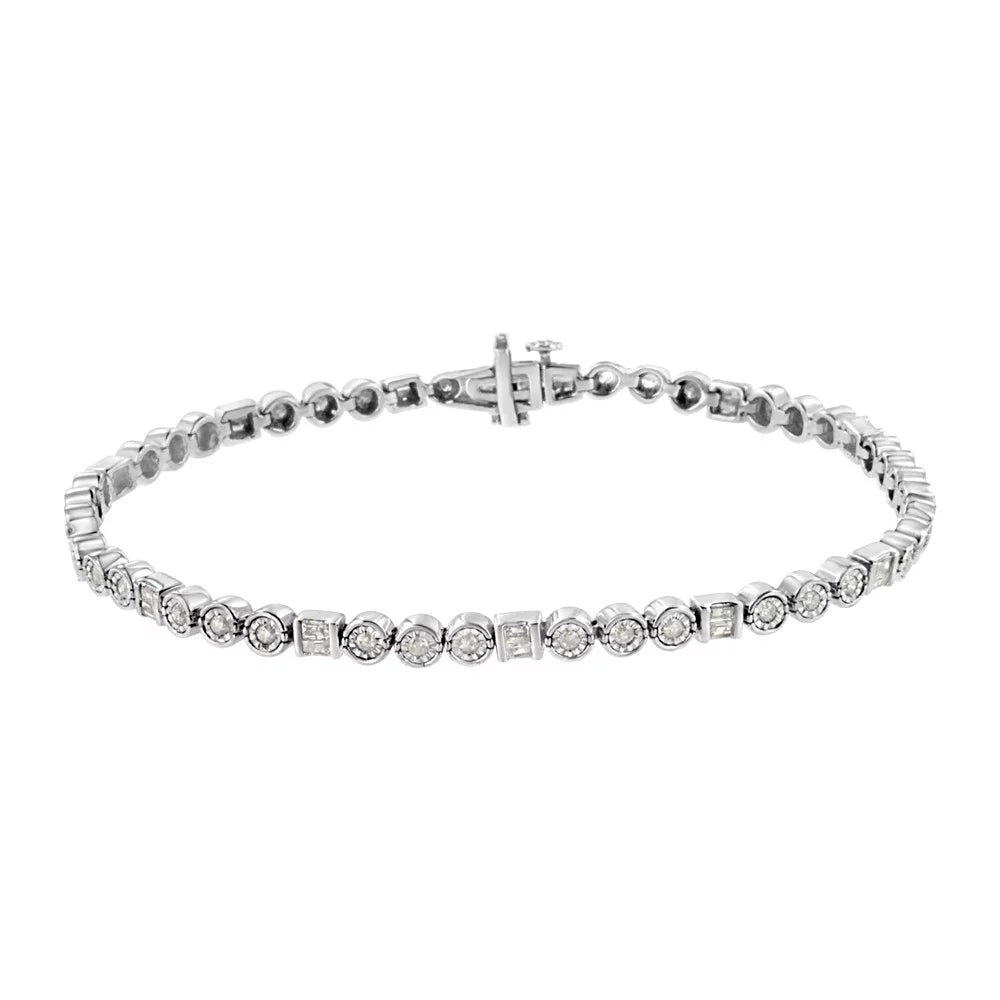 .925 sterling silver 1.0 cttw alternating channel set baguette and miracle set round diamond link bracelet (i-j color, i3 clarity) - 7.25"