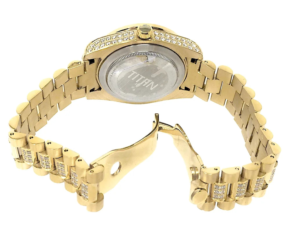 Unisex 18k yellow gold finish stainless steel simulated diamond presidential watch 41mm new tarnish free