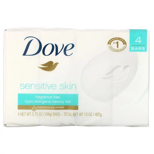 Dove, beauty bar soap, sensitive skin, fragrance free, 4 bars, 3.75 oz pack of 3