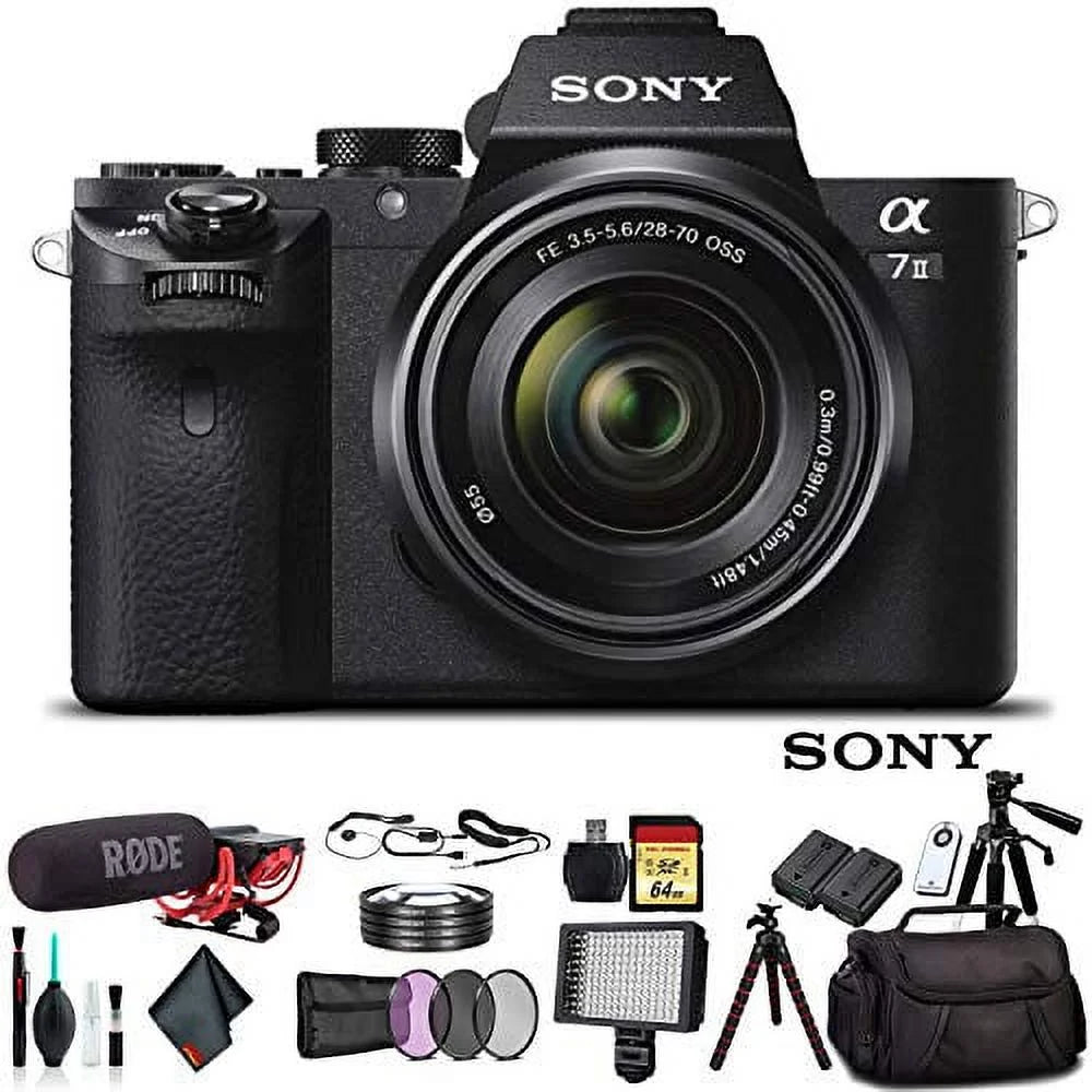 Sony alpha a7 ii mirrorless camera with fe 28-70mm f/3.5-5.6 oss lens ilce7m2k/b with bag, additional battery, rode mic, led light, 64gb memory card, sling soft bag, , plus essential accessories