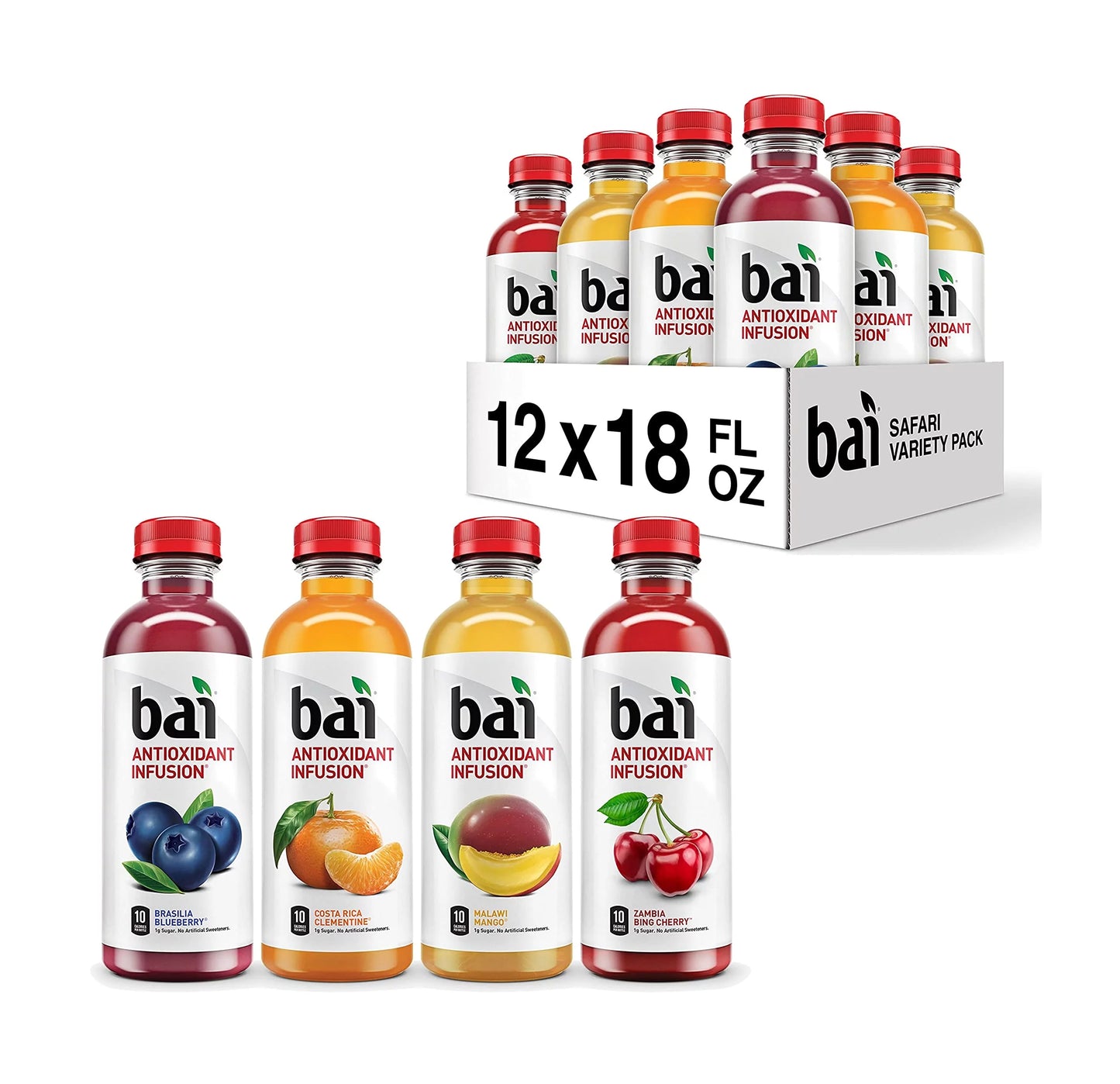 Bai flavored water, safari variety pack, antioxidant infused drinks, 3 each of brasilia blueberry, costa rica clementine, malawi mango, zambia bing cherry,18 fl oz bottles (pack of 12)