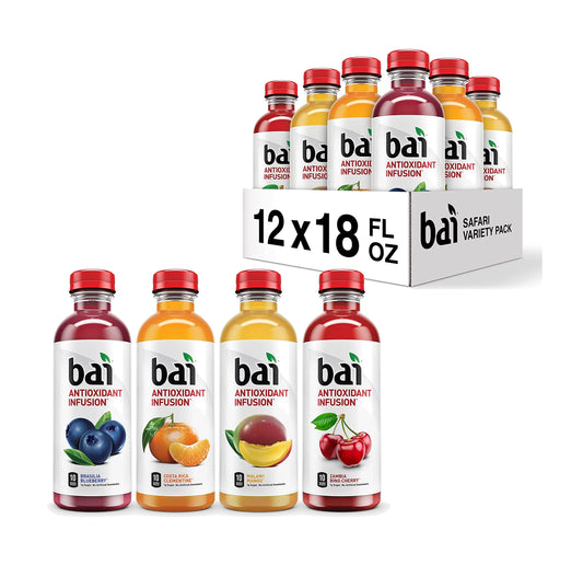 Bai flavored water, safari variety pack, antioxidant infused drinks, 3 each of brasilia blueberry, costa rica clementine, malawi mango, zambia bing cherry,18 fl oz bottles (pack of 12)