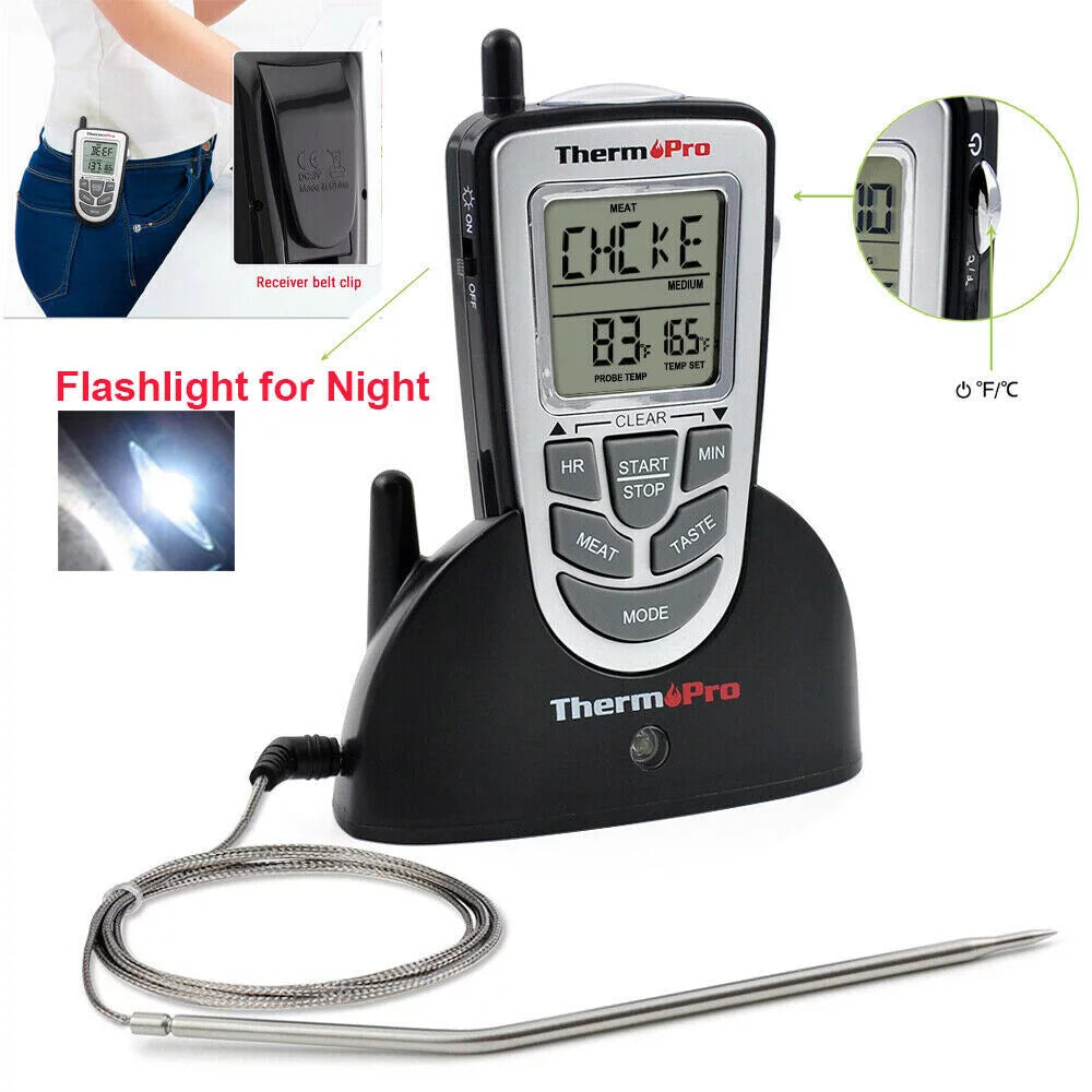 Wireless remote thermometer probe bbq grill meat kitchen oven food cooking smoke, thermopro, lcd